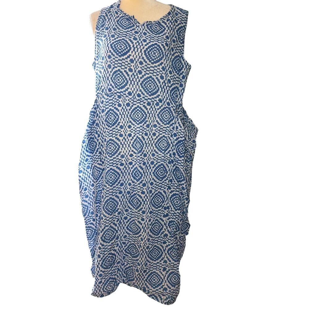 World Market Blue White Geometric Shift Dress Deep Side Pockets L/XL
